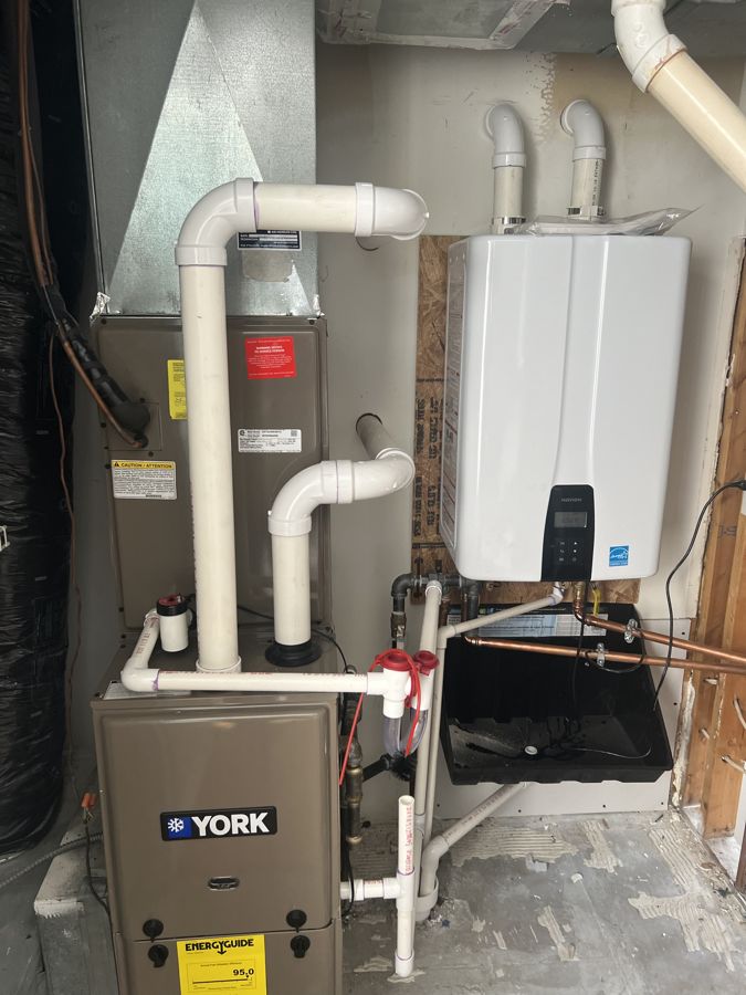 High-efficiency York furnace and a Navien tankless water heater.