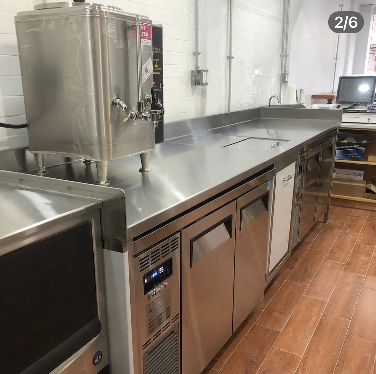 Finished prep counter with hot water dispenser at Utepia Tea